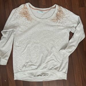 Maurice’s beige sweater with champagne gold sequin. Size XL. Scoop neck.